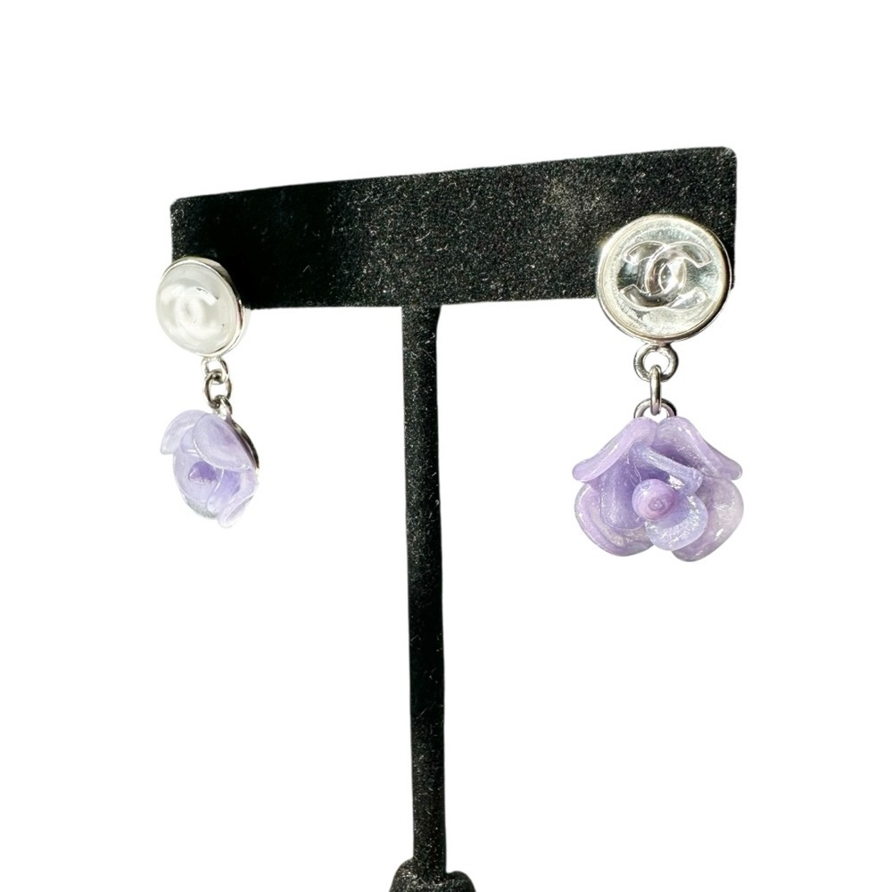 Chanel Purple Camellia Flower Silver Studded Earring Set with Box - Picture 13 of 15